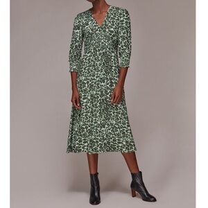Whistles • Clouded Leopard Shirred Dress in Green